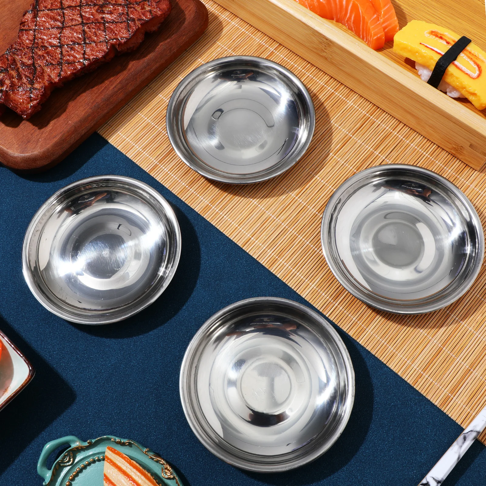 10Pcs Dish Sauce Dipping Plate Bowls Stainless Steel Dishes Round Soy Bowl Sushi Appetizer Tray 8cm Seasoning Mustard Tableware 