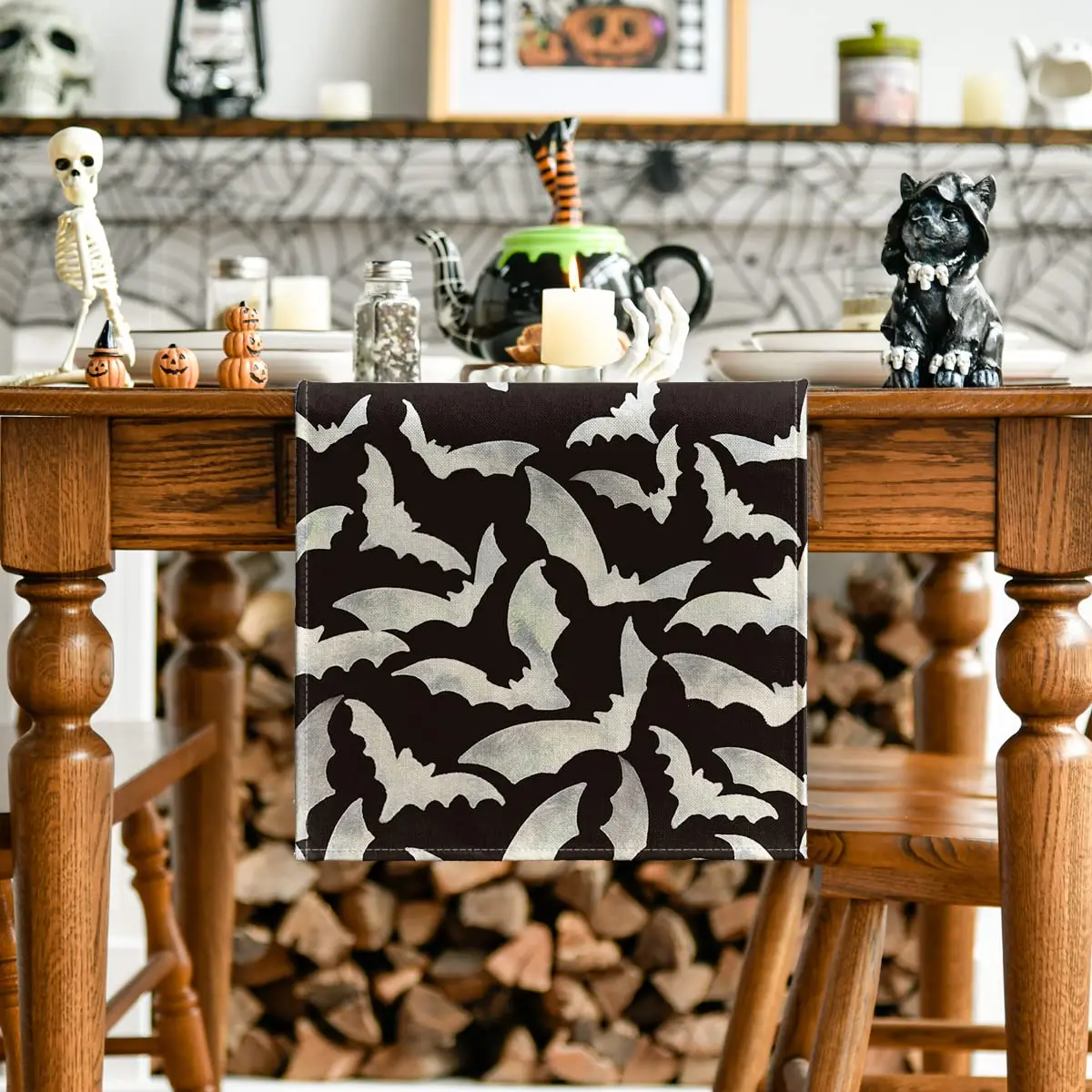 Silhouette Grey Bats Halloween Table Runner, Holiday Fall Kitchen Dining Table Decoration for Home Party Decor