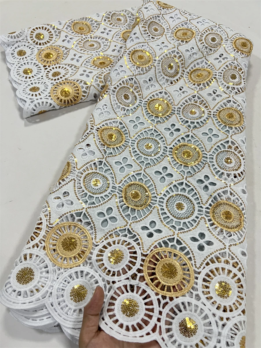 White Guipure Cord Lace Fabric Golden Sequins African Nigerian Water Soluble Lace Fabric Party Dresses For Women Sew,2.5yard4086