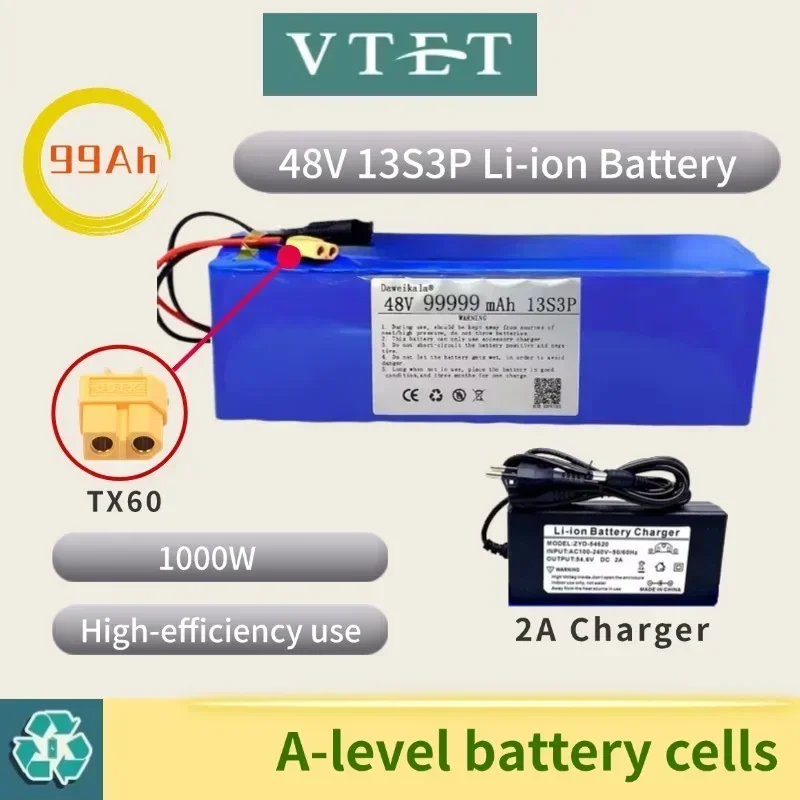 

2024VTET New 48V 13S3P 99999mAh 1000W XT60 18650 Lithium Battery Pack 99AH for 54.6V for E-bike Bicycle Scooter with BMS+charger