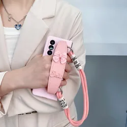 Cute Sweet Bow Wrist Strap Crossbody Lanyard Hand Chain Pink Matte Skin Case Cover For Samsung Galaxy Z Fold 7 6 5 4 3 2 5G