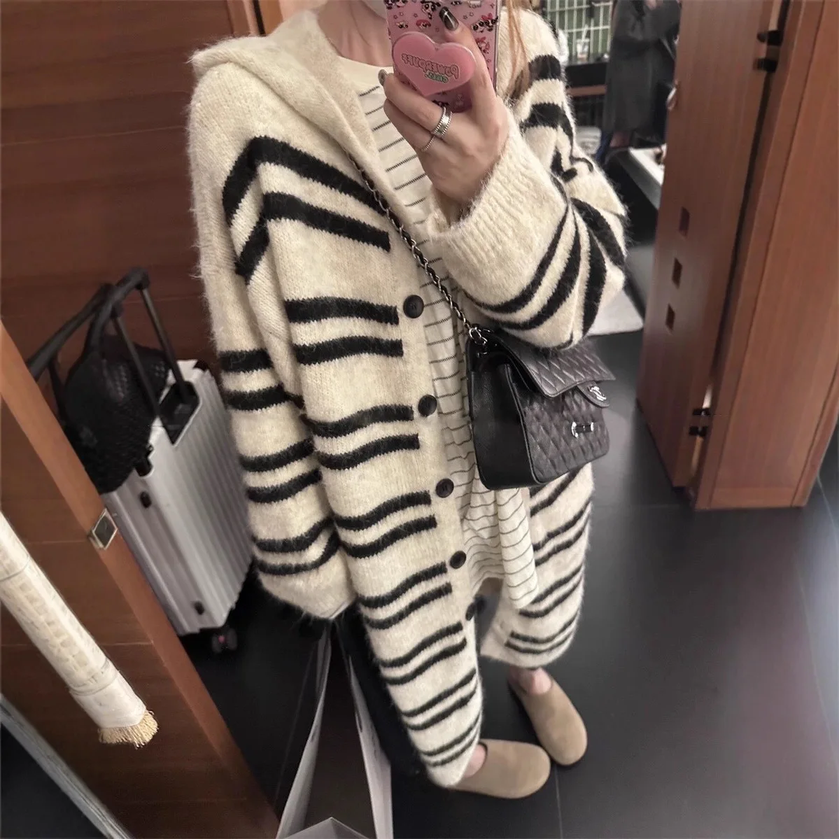 Autumn and Winter New Hooded Striped Sweater Jacket Women's Top Loose Lazy Long Knitted Cardigan 2