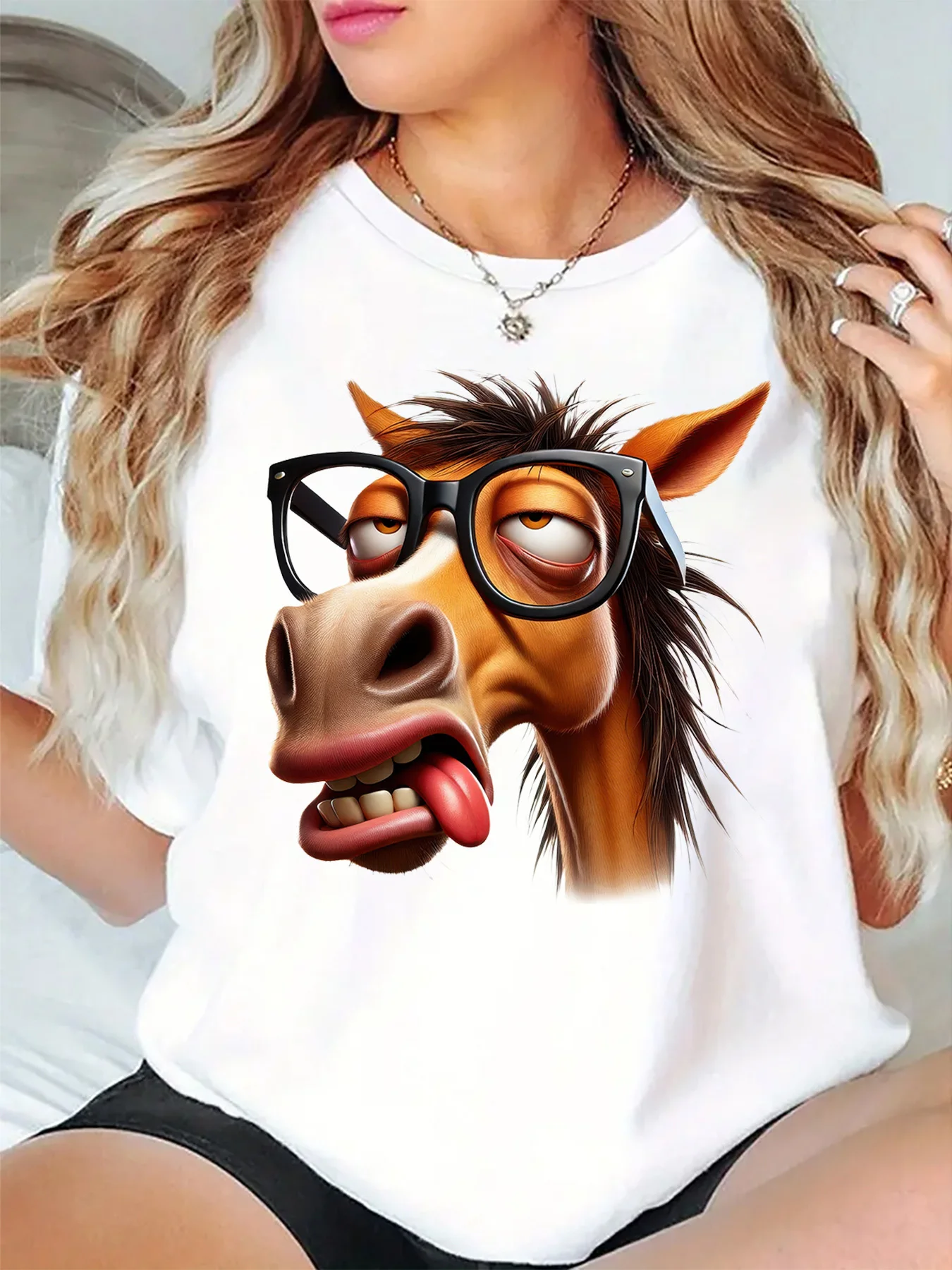 Funny Horse With Glasses Sticking Tongue Cartoon Art Print Graphic Womens T Shirt Short Sleeve Crew Neck Casual Ladies Tee Tops