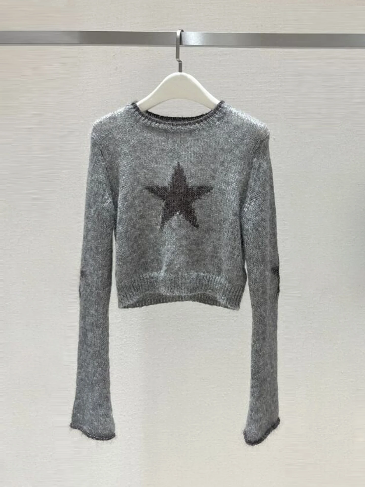 

Вязаный свитер с длинными рукавами и круглым вырезом, с вышитым звездным узором, в корейском стиле, приталенный, из шерстяного трикотажа