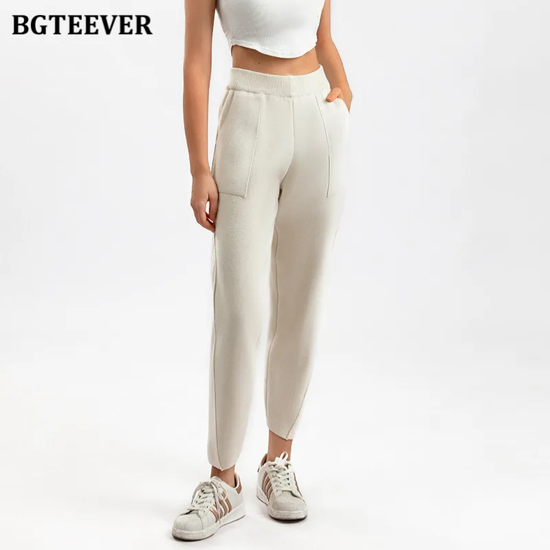 BGTEEVER Elastic Waist Thick Ladies Harem Pants Autumn Winter Pants Women Loose Pockets Cotton Knitted Trousers Female 0.7 kg