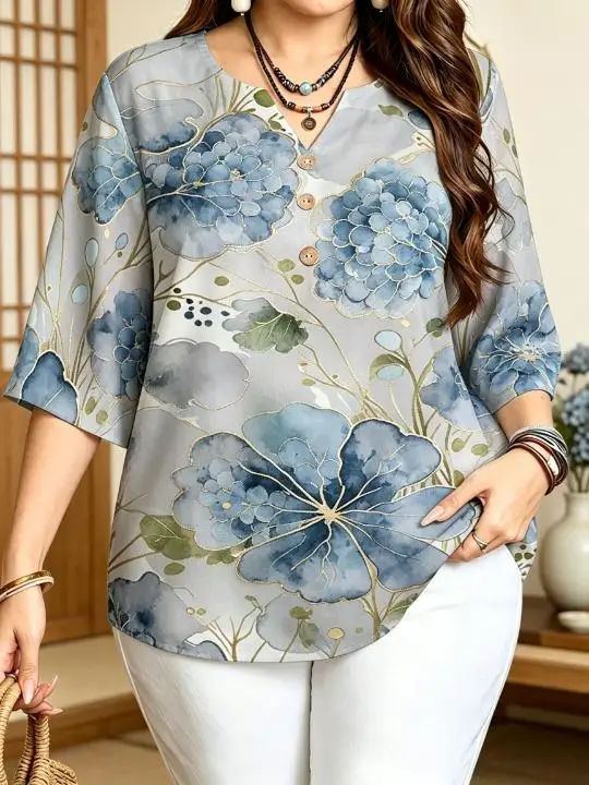 Plus Size Women 3/4 Sleeve V‑Neck Blouse Chinese Style Gold Line Lotus Magnolia Sunflower Hydrangea Floral Print Button Tops