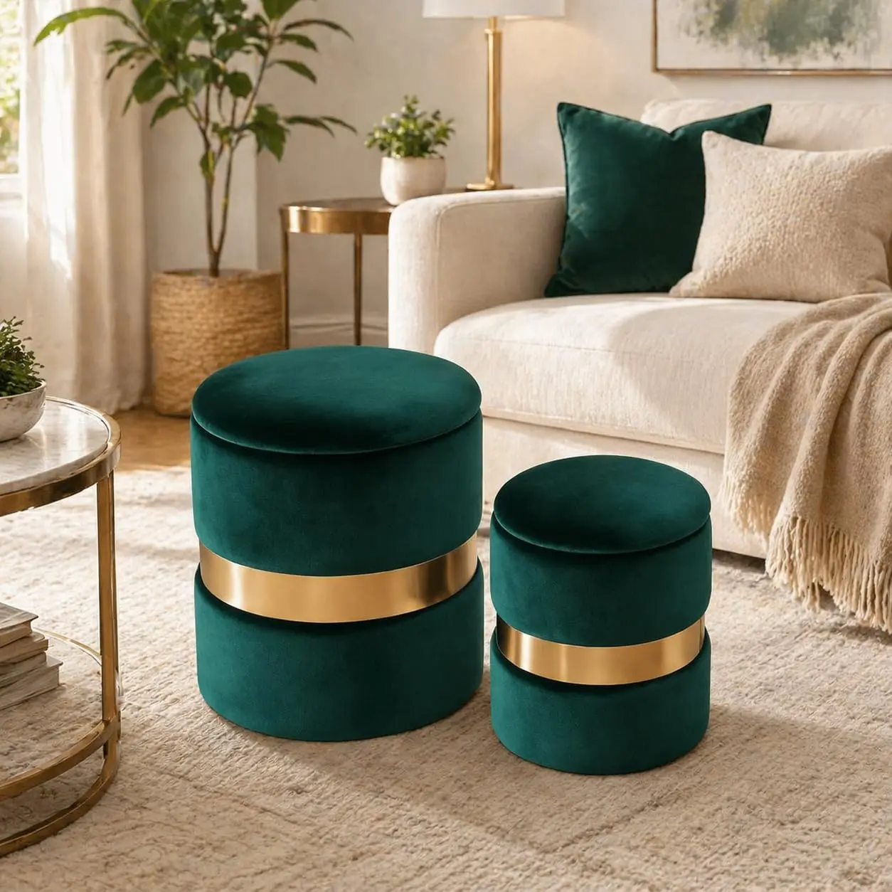 Velvet Round Storage Ottoman Set 2 with Gold Metal Band, Upholstered Foot Stool Home Decor, Space Saving, Customized