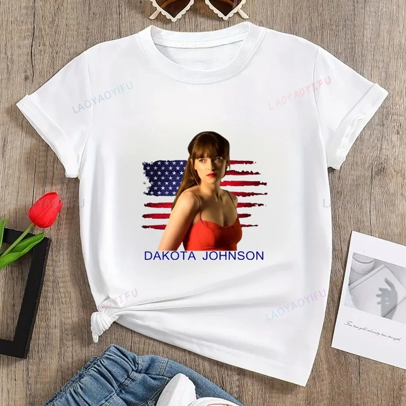 Famous movie star DAKOTA JOHNSON classic poster print women's fashion T-shirt, everyday casual women's cotton T-shirt