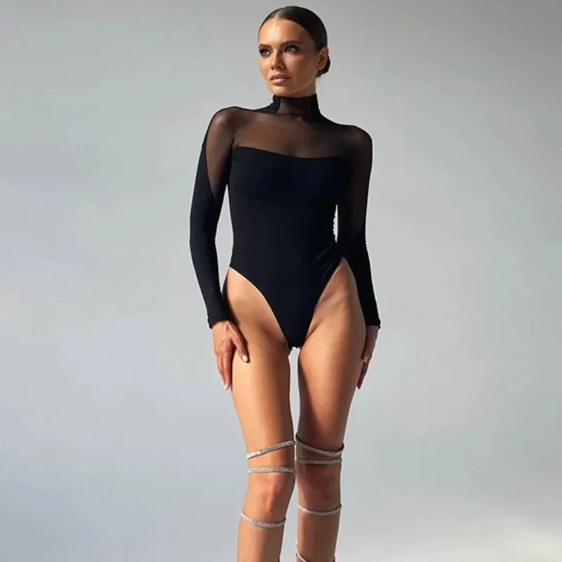 

2025 Patchwork See Through Mesh Bodysuit Women's Sexy Long Sleeve Turtleneck Jumpsuit Chic Elegant High Waist Tops Bodysuits