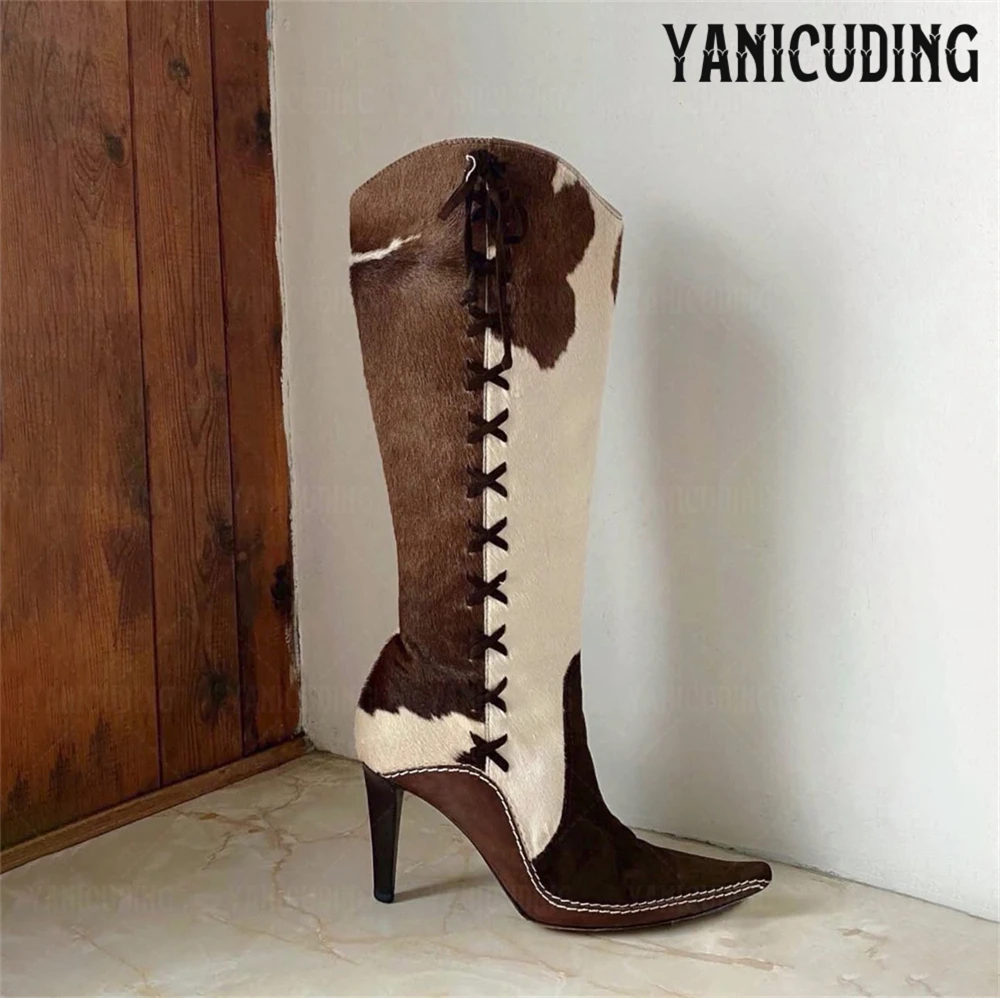 

Vintage Western Knee Boots Beige Brown PU Leather Stiletto Boots Cross Strap Pointed Toe Boots Horsehair Knee High Zipper Boots