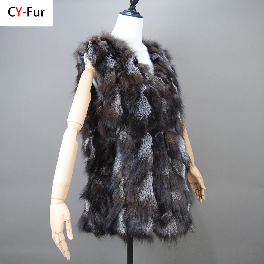 

New Women Autumn Winter Long Style 100% Genuine Real Sliver Fox Fur Vest Natural Fox Fur Sleeveless Coat Lady Real Fox Fur Gilet