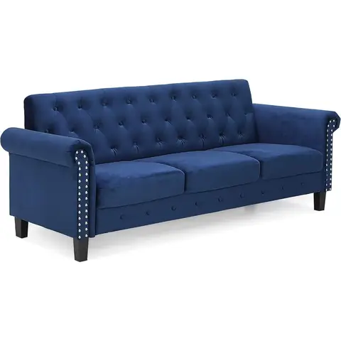 Bastia Vintage Modern Chesterfield Button Tufted 3-Seater Sofa Couch for Living Room, Navy Velvet