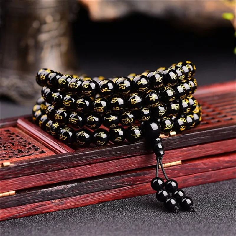 Natural Stone Six Words Mantra Obsidian Onyx 108 Mala Beads Meditation Yoga Bracelet Necklace Amulet Lucky Bangles Jewelry