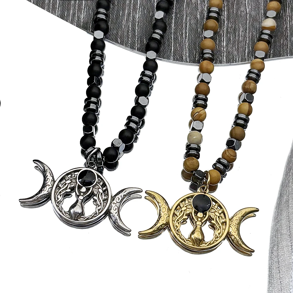 

Witch Triple Moon Goddess Pendant Necklace for Women Men Stainless Steel Gold Color Black Enamel Amulet Hematite Chain Jewelry