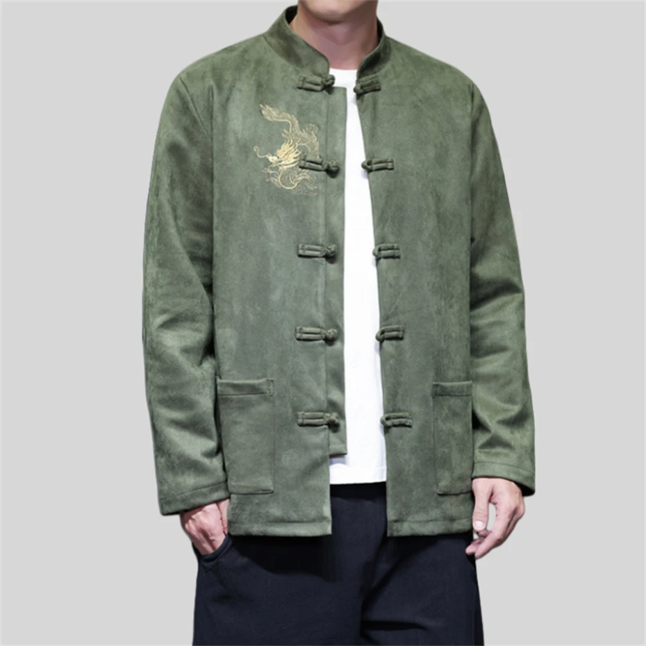 Plus Size Suede Jacket Men Disc Buckle Loose Casual Jackets Coats Mens Harajuku Dragon Embroidery Jacket Men Clothing 5XL