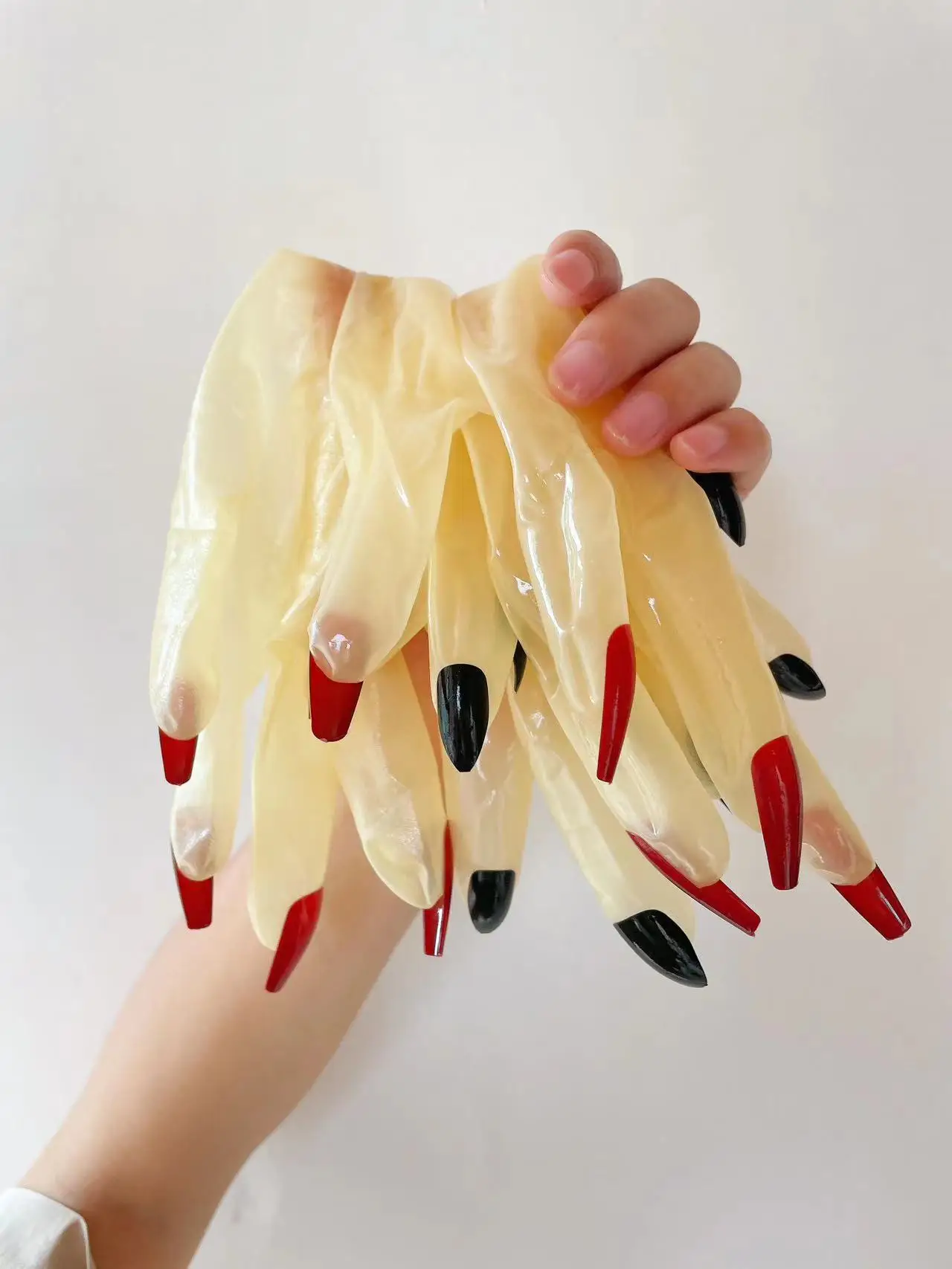 Crossdress Male To Female Oil Shiny Transparent Super Thin Latex Zentai Long Red Flat Nails Fetish Sheer Cosplay Kigurumi Gloves