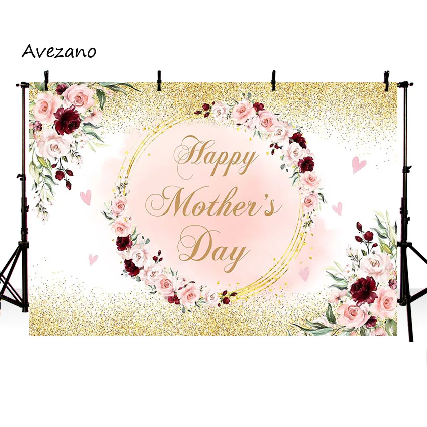 Avezano التصوير خلفية عيد الأم سعيد الزهور بريق الذهب مخصص خلفية الصورة استوديو راية ديكور الحفلات