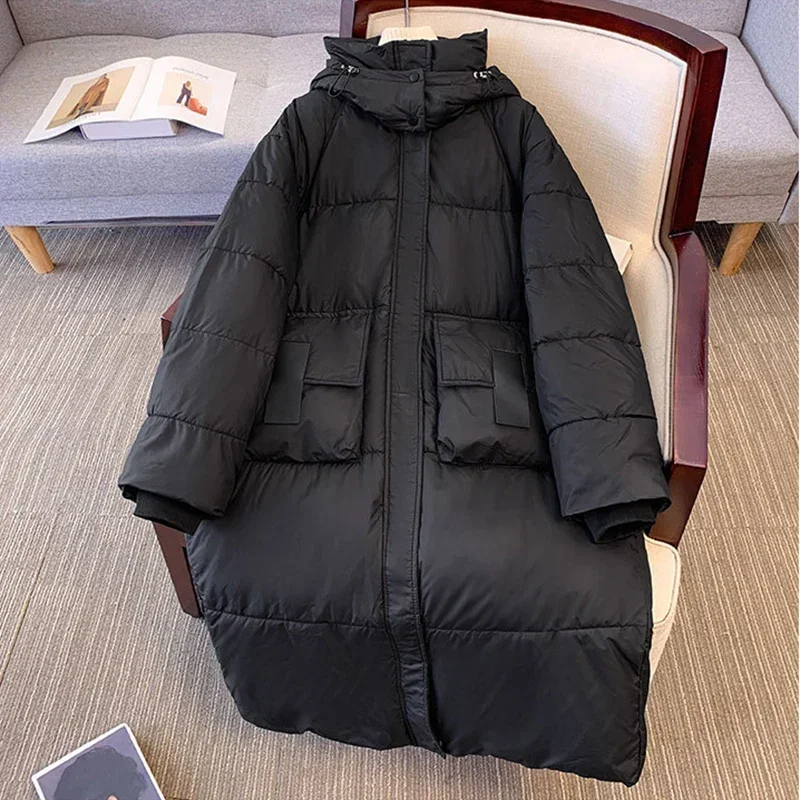 Women Winter Hooded Down Coat Mid-Length Stand Collar Casual Thicken Cotton-padded Jacket Loose Zipper Pocket Solid Warm Jacket