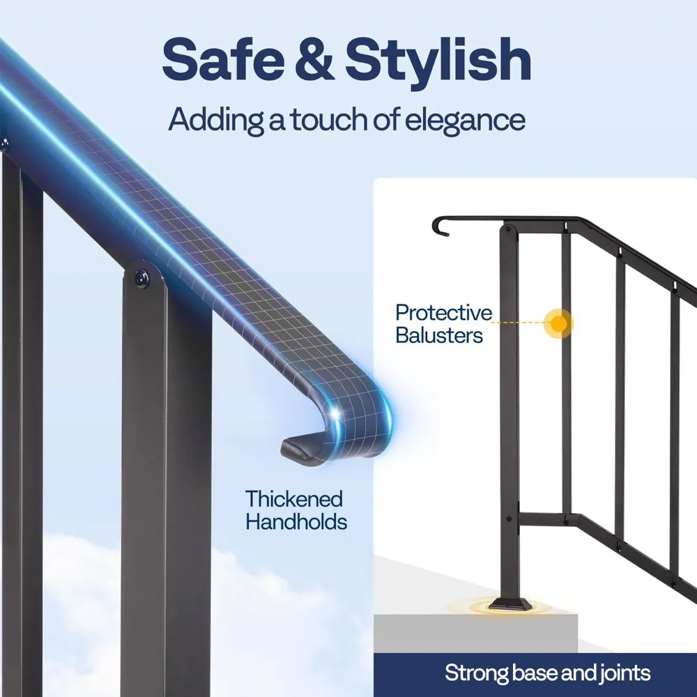 2-Pack Wrought Iron Hand Rails for Outdoor Steps – 67.6" Curved Ends and Safety Balusters Exterior Railing Kit for Porch, Deck,