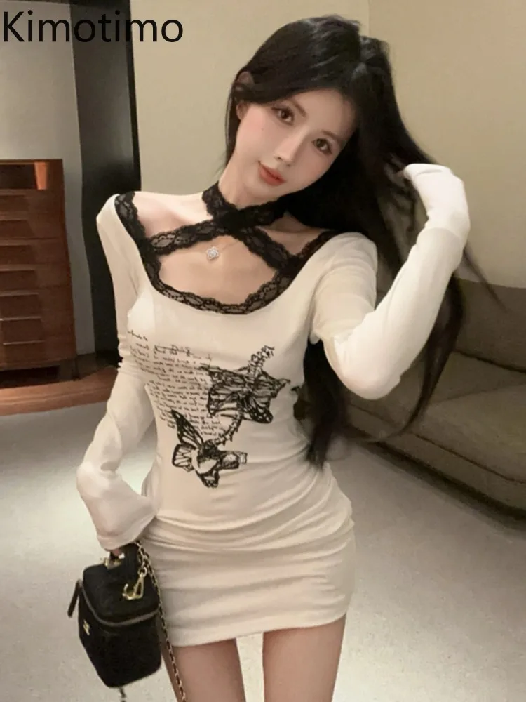 

Kimotimo Spicy Girl Printed Lace Halter Dress Sexy Backless Slim Hip Long Sleeve Mini Dresses Fashion Casual Chic Party Vestidos