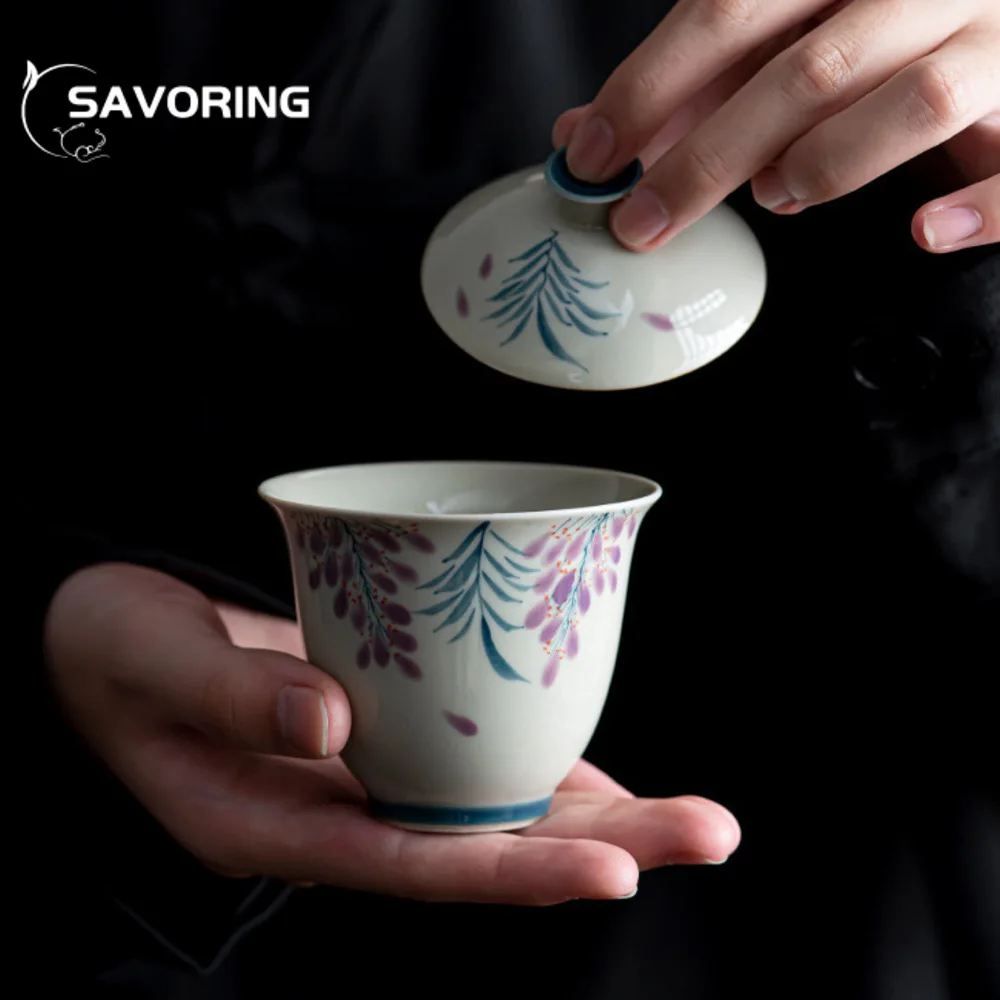 110ml Pure Hand-painted Wisteria Flower Gaiwan Retro Tea Brewing Cup Not Hot Tea Tureen Tea Brewing Cover Bowl Tea Items Craft