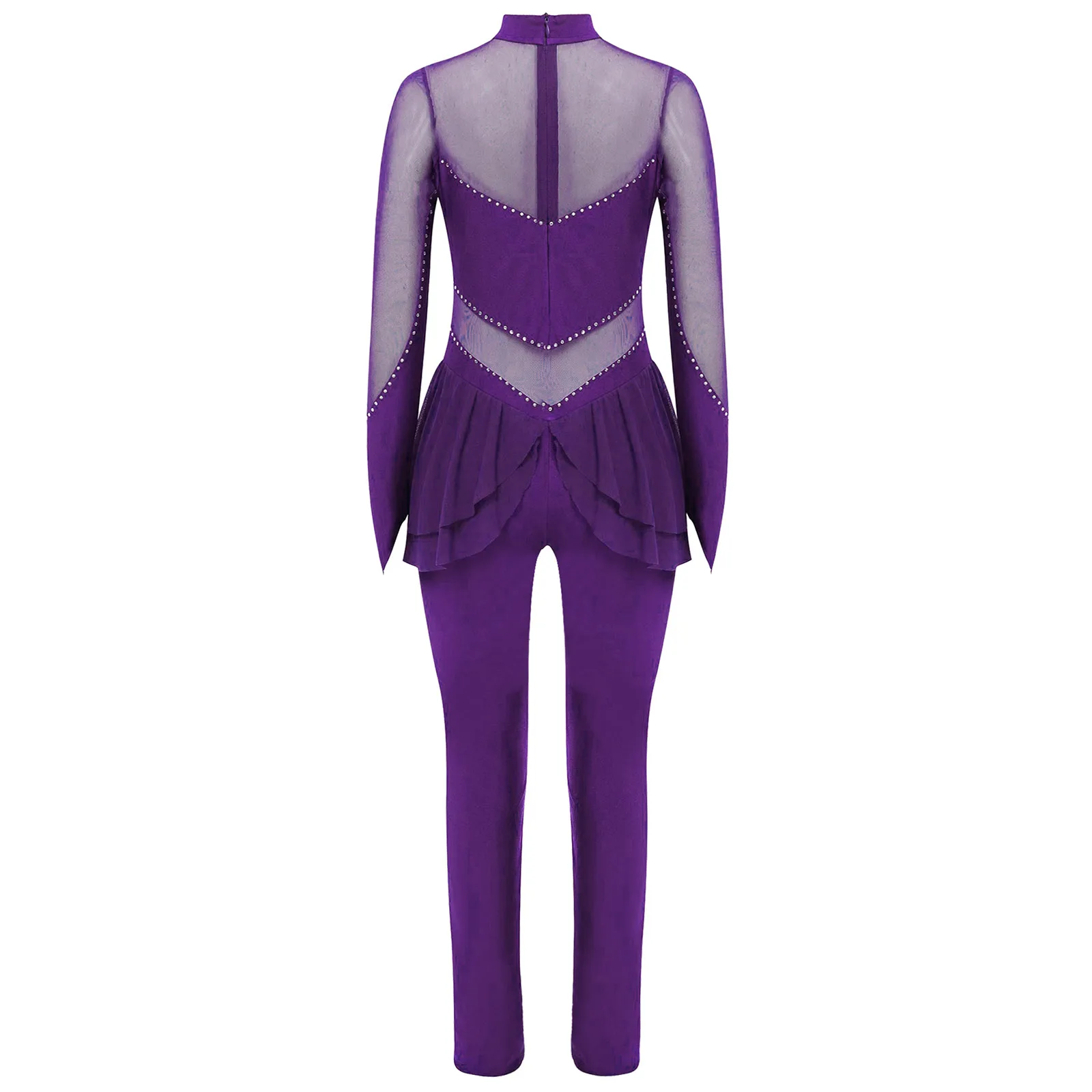 ชุดบอดี้สูทเต้นบัลเลต์แขนยาวสำหรับเด็กผู้หญิง ผ้าตาข่ายโปร่งประดับคริสตัล ชุดจั๊มสูทสำหรับออกกำลังกาย ยิมนาสติก ฟิกเกอร์สเก็ต และเต้นรำ