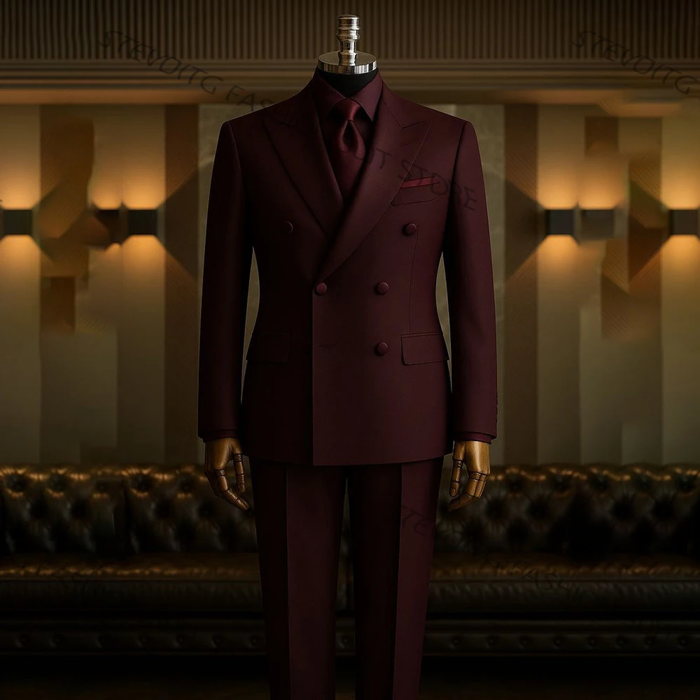 

Burgundy Men's Clothing Double Breasted Suits and Separates Slim Fit Formal Jacket+Pants 2 Pieces Set for Wedding & Business