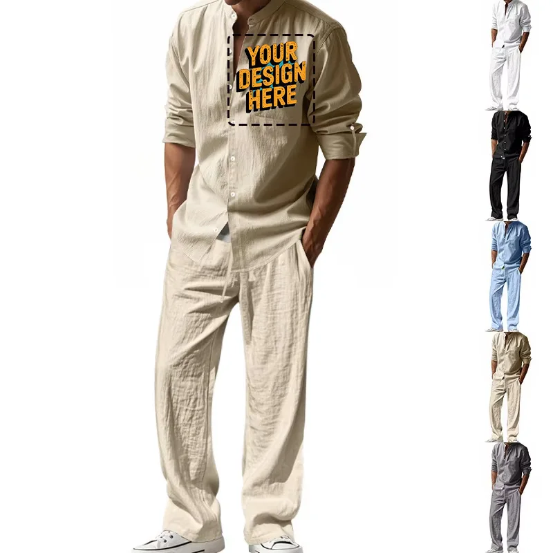 Free Custom Your Logo Design  Four Seasons Linen Men's Casual Suit Amazon Loose Long Sleeve Trousers Shirt Suit Men