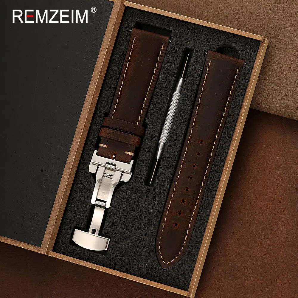 18/20/22mm Herren Crazy Horse Leder Uhrenarmband Schnellverschluss Schmetterlingsverschluss Mit Geschenkbox Retro-Stil Echtes Leder Armband