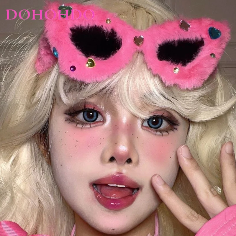 

2025 Fashion Cute Rhinestone Plush Oversized Frame Cat Eye Trend Men Sunglass Summer Traveling Party Cosplay Women Eyewear UV400