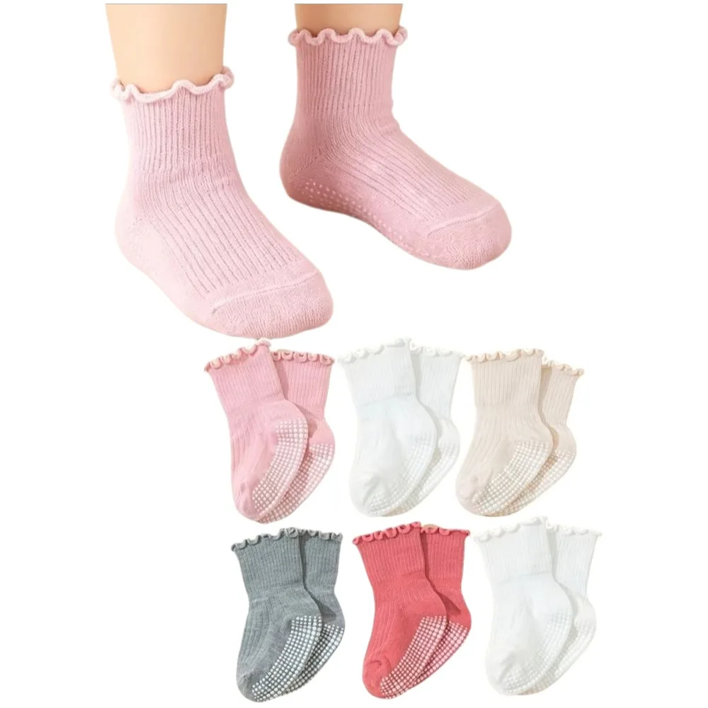 6 Pairs 6 Pairs Pack Anti-Slip Socks Ruffled Design Floor Socks Newborn Socks Breathable Fabric All Season Infant Socks For Boys
