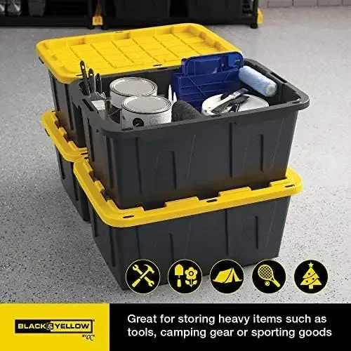 CX BLACK & YELLOW® 27-Gallon Heavy Duty Tough Storage Container & Snap-Tight Lid 14.3”H X 20.6”W X 30.6”D 4 Pack Organization