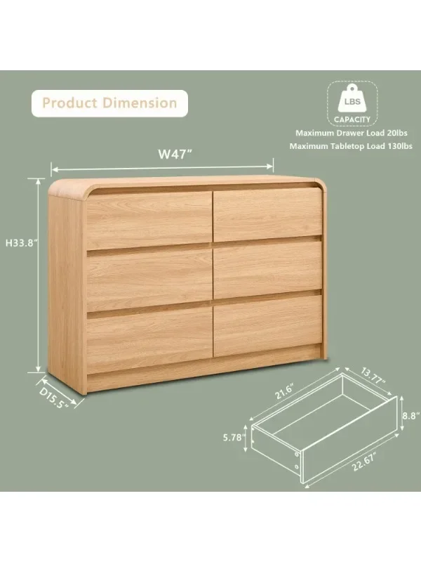 Modern 6 Drawer Dresser for Bedroom, 47” Wide Solid Wood Dresser and Chest of Drawers with Curved Profile Design