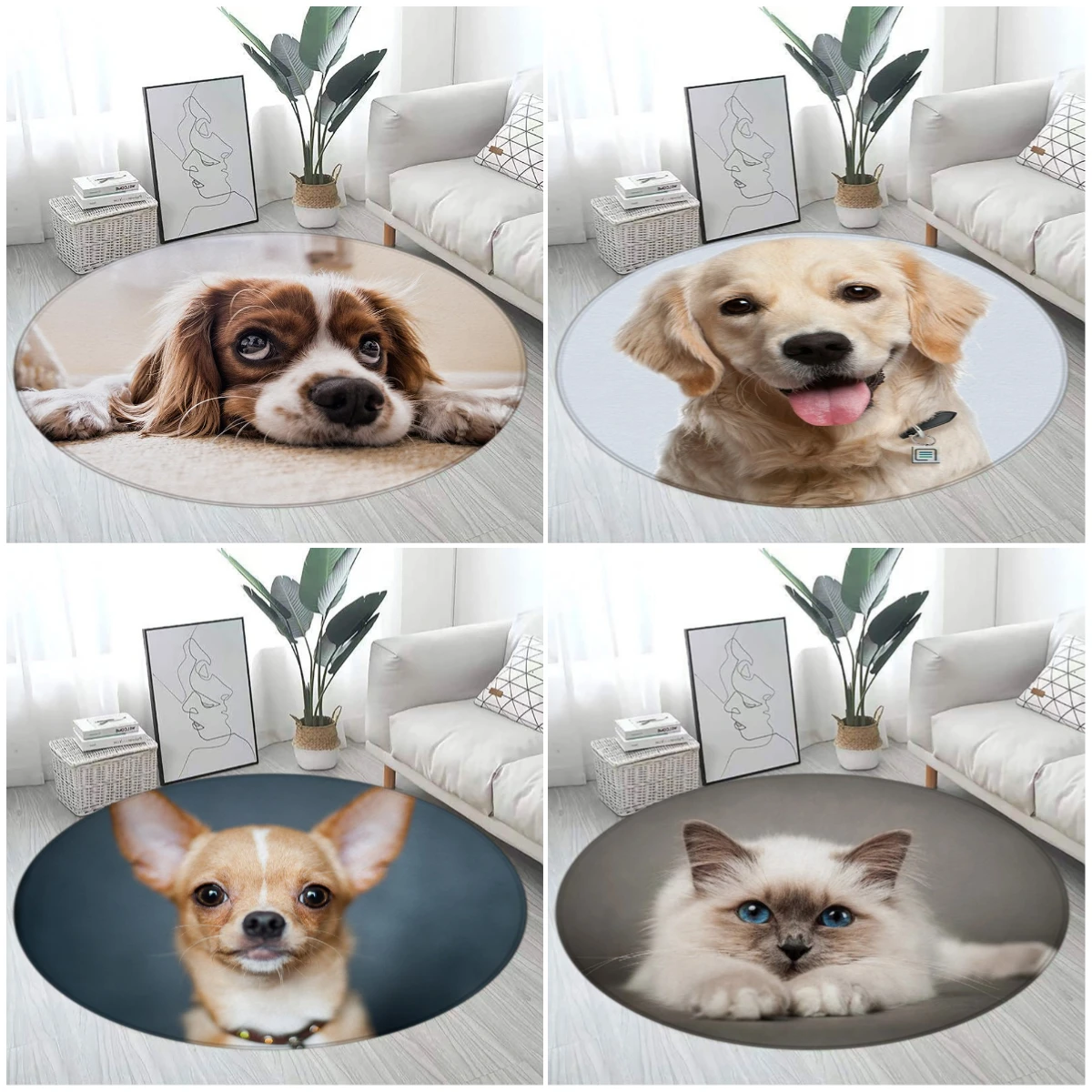 Funny Cats and Dogs Round Carpet Cute Animals Pet Modern Home Living Room Entrance Decoration Bedroom Mats Flannel Floor Rugs