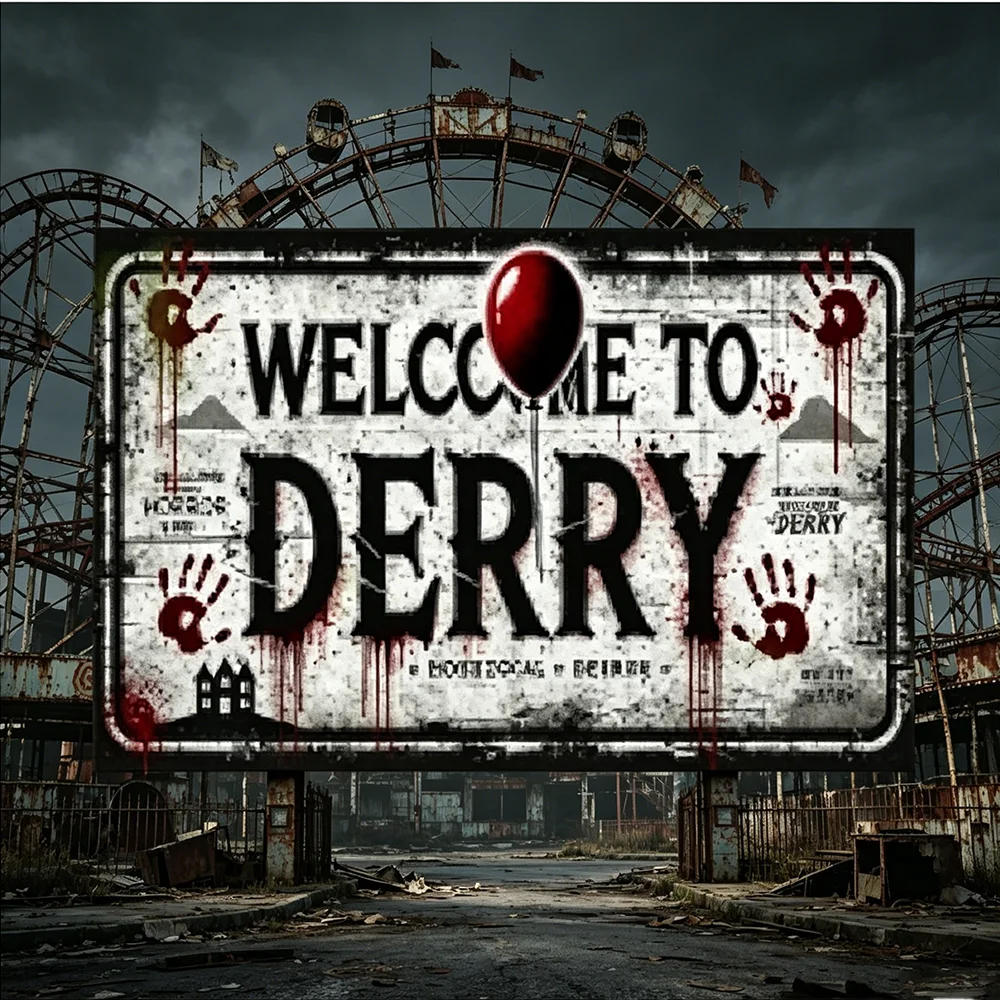 Vintage Horror-Themed Metal Sign 'Welcome to Derry' - Es, Rustic Wall Art with Blood Splatters, Handprints & Creepy House De
