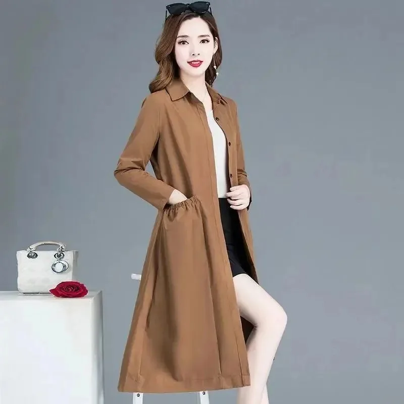 Fashion Windbreaker Women\'s Mid-Length And Thin Spring Summer Autumn Big Pocket Coat Female Popular Temperament Mother Jacket5XL