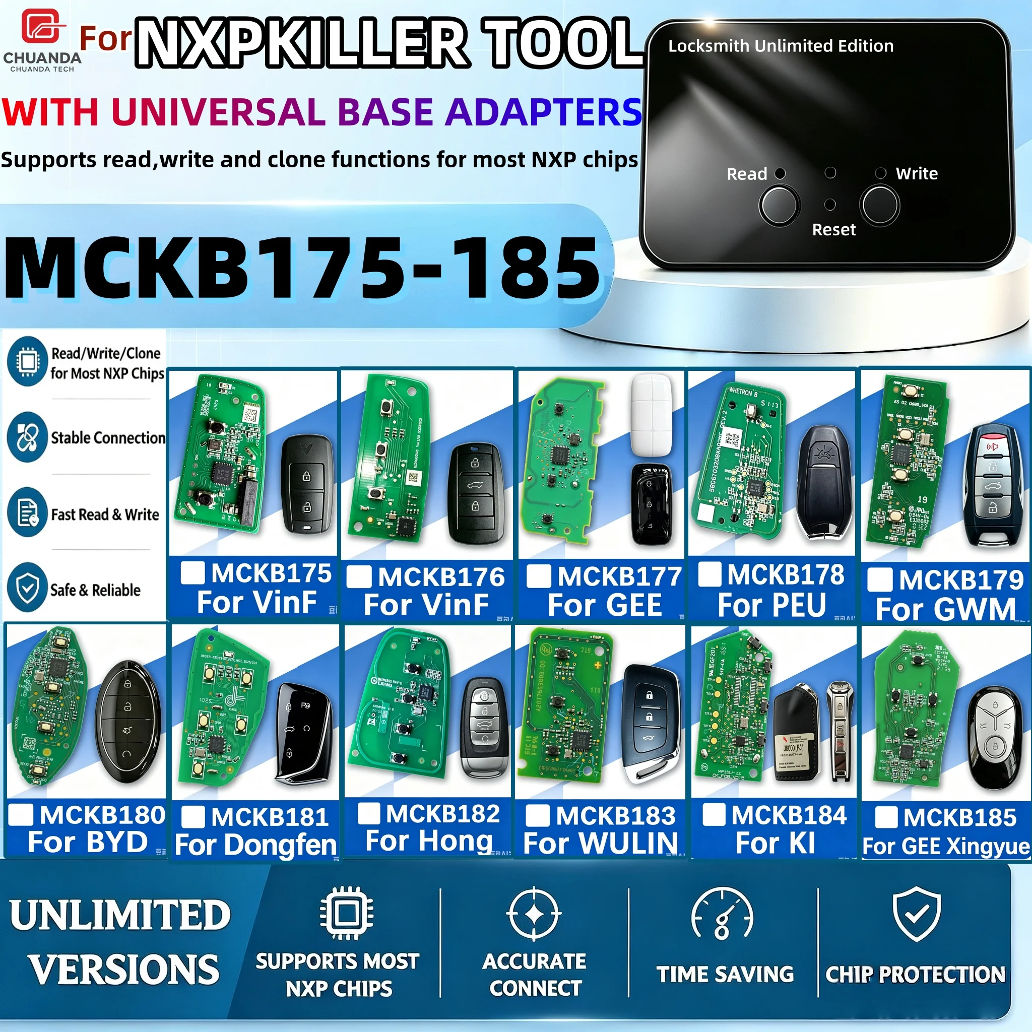 For Nxpkiller No.175-185 Adapter Compatible with Keydiy Xhorse Cg Kydz Device, Solder-Free Reading/Writing Programming Socket, Includes Vinfast Geely Peugeot Gwm Byd Dongfeng Hongqi Kia Wuling