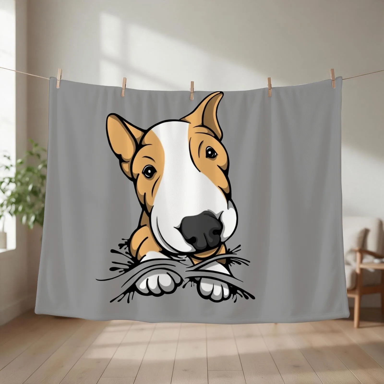 Cute Puppy Bull Terrier Tan and White Throw Blanket couch cozy soft plush fuzzy picnic outdoor blanket