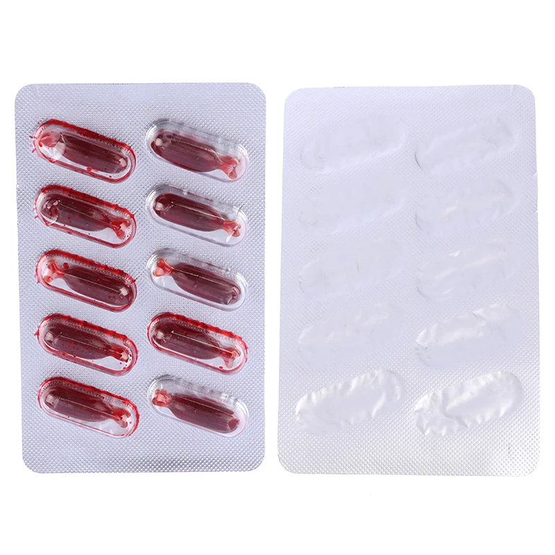 10Pcs Realistic Fake Blood Pills Vampire Capsules Horror Scary Funny Trick Toys Halloween April Fools Day Party Props Adults HOT