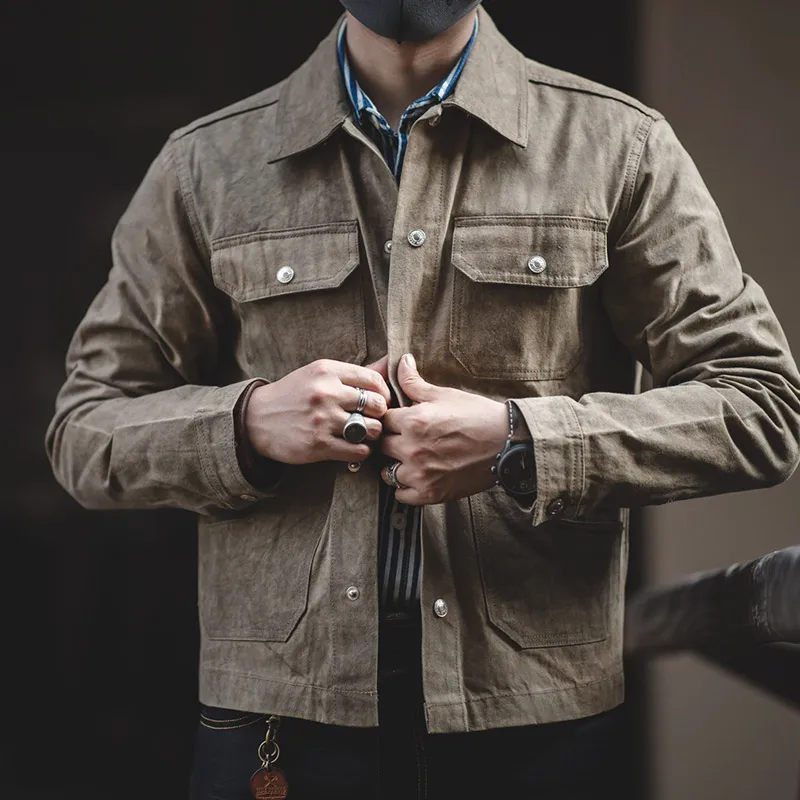 Vintage American Oil Wax Canvas Motorcycle Jacket Men's Ame Kaka Heavy Duty Workwear Coat with Multiple Pockets Youth Fashion