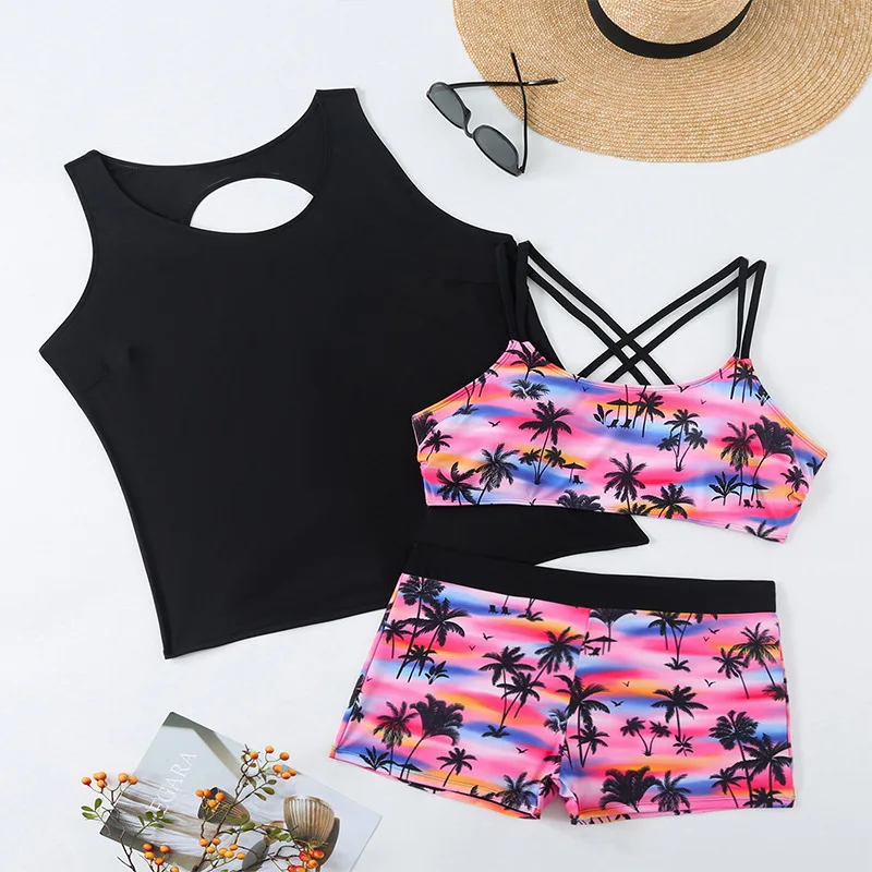 Plus Size Swimsuit New European and American Style Printed Camisole Swimsuit Three-Piece Bikini Set Women, Conservative Hot