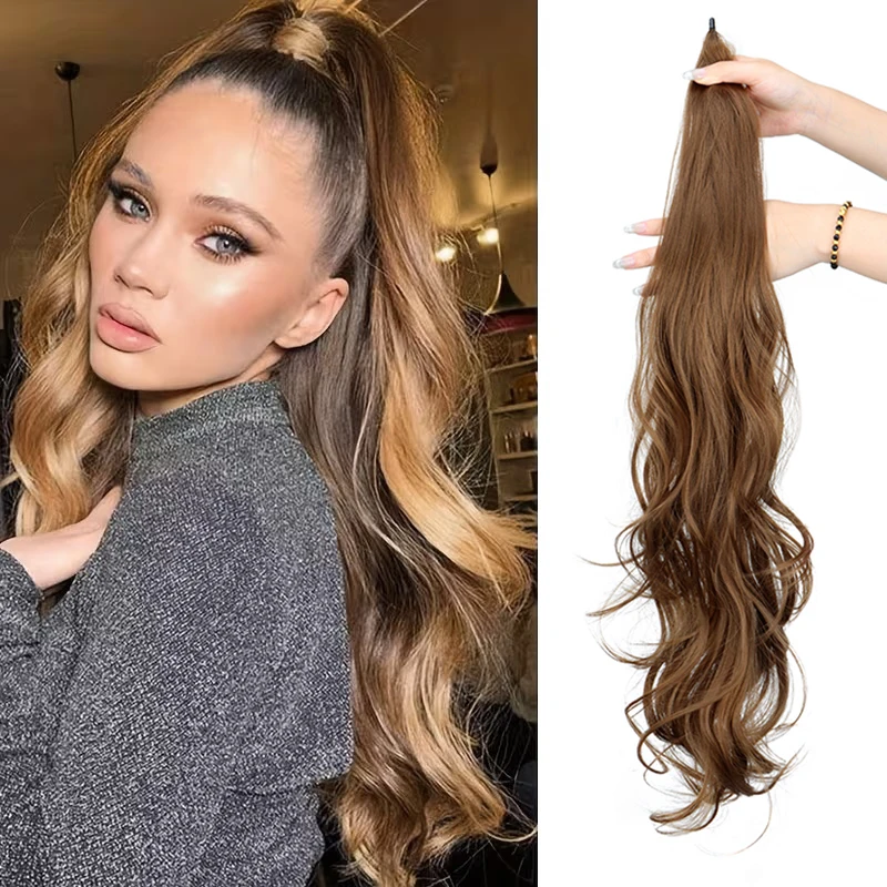 

32-дюймовый синтетический длинный вьющийся хвостик для наращивания волос, гибкая обертка вокруг зажимов, хвостики, шиньоны для женщин, ежедневное использование