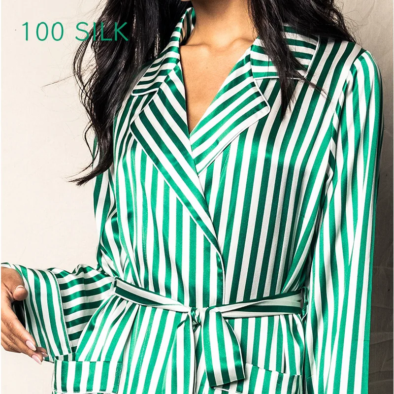 

Высокое качество, натуральная 19 мм, тяжелая ночная рубашка из натурального шелка, женская пижама с длинным рукавом, домашняя одежда, полосатый лацкан, утренний бег