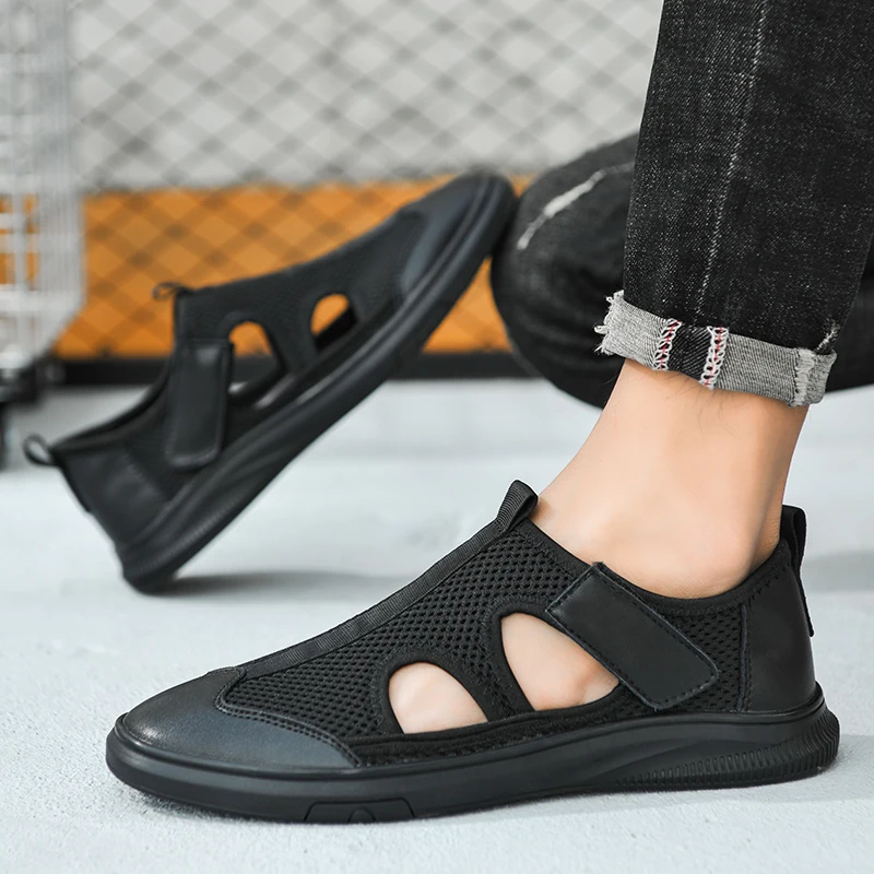 Fashion Trends Men Leather Sandals Summer Baotou Slippers Soft Sandals Mens Roman Comfortable Outdoor Walking Driving Footwear