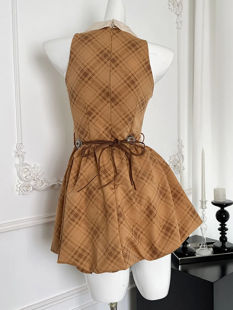 Summer Women Old Money French Vintage Bow Plaid Sleeveless Dress LuxuryFrocks One-Piece 2000s Aesthetic Gyaru Party Evening