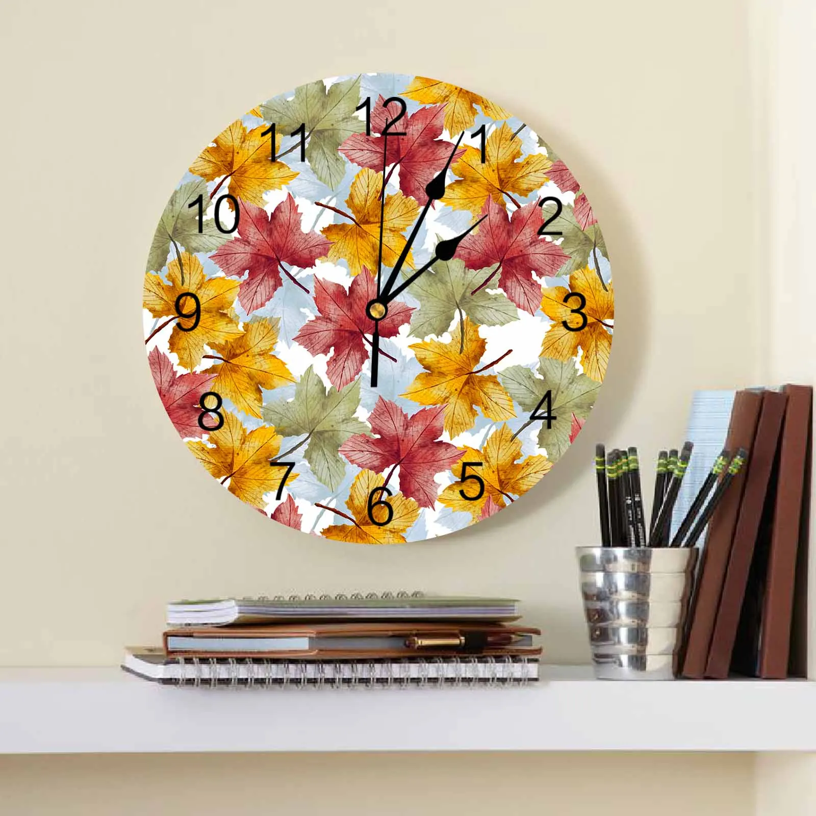 Autumn Plant Maple Leaves Watercolor Wall Clock Large Modern Kitchen Dinning Round Wall Clocks Bedroom Silent Hanging Watch