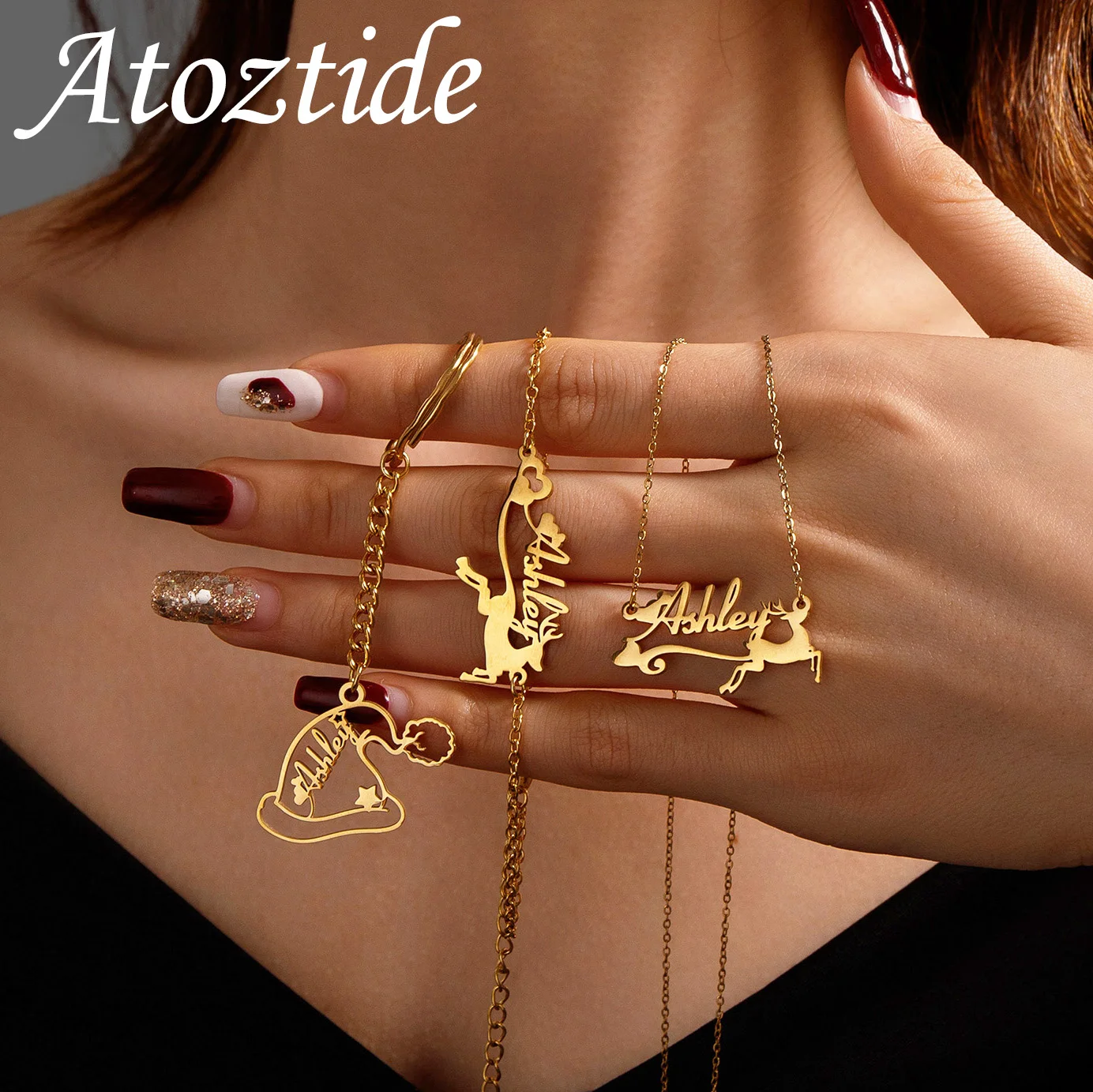 Atoztide Custom Name Jewelry Set Elk Bracelet Necklace Santa Hat Keychain Stainless Steel for Women Personalized Christmas Gifts