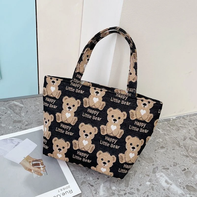 

Fashion Cute Cartoon Print Bear Canvas Handbag Ladies Casual Trendy Tote Bag Large Capacity Shoulder Bags For Girl Gifts