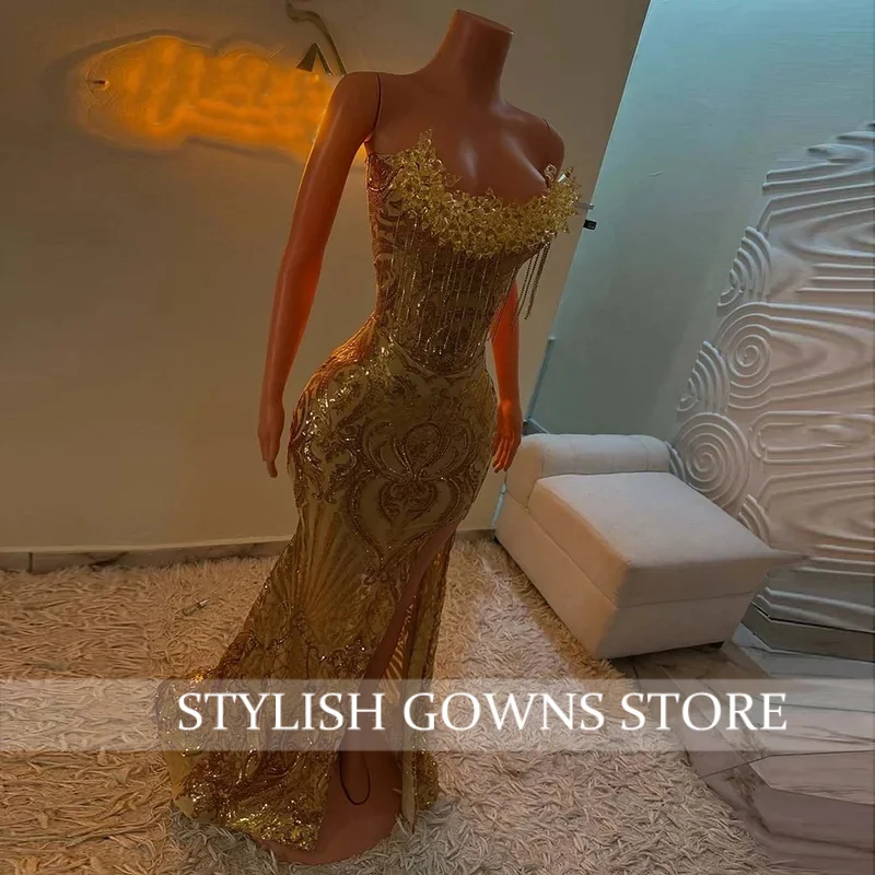 Gouden galajurken Luxe 2025, strapless zeemeermin-avondjurken, luxe kralen gelegenheidsfeestjurk op maat