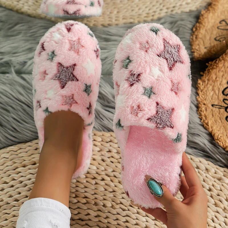 Indoor Anti-Slip Fuzzy Slippers Multi-Color Women Home Plush Cotton Slides Comfort Warm Flat Soles Shoes Large Size 44-45